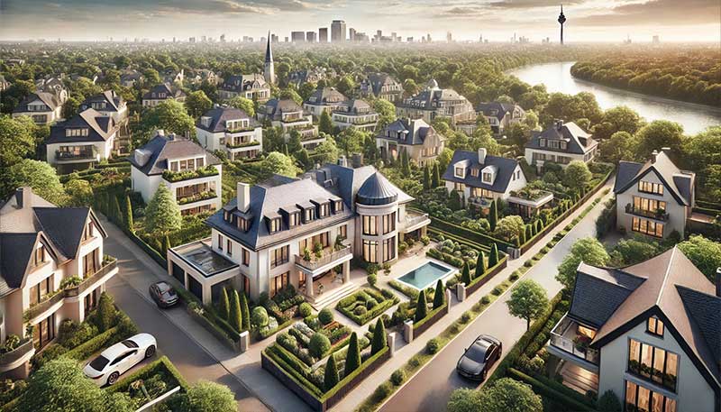 Immobilienmakler in Düsseldorf - Titel 1 generiere ein bild im querformat zum Thema Wo die Reichen in Düsseldorf wohnen